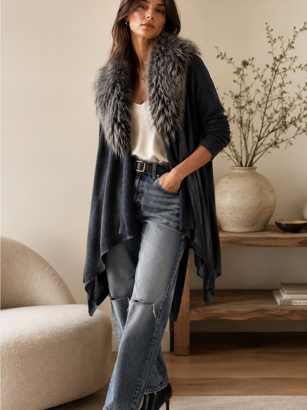 Alice + Olivia Izzy Fox Fur-Trim Open Front Wool/Cashmere Sweater Cardigan-NWT